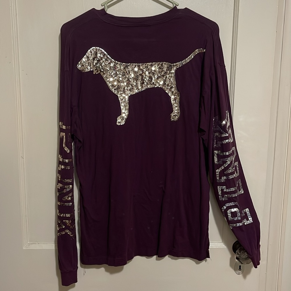 Victoria secret Pink -dog long sleeve Tee-maroon with gold sequin decal - size M